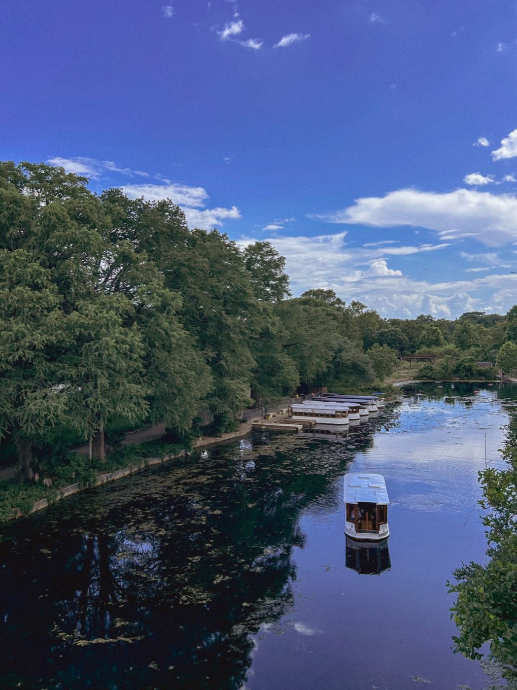 Glassy Afternoon — a lone boat on a mirror-still river in San Marcos